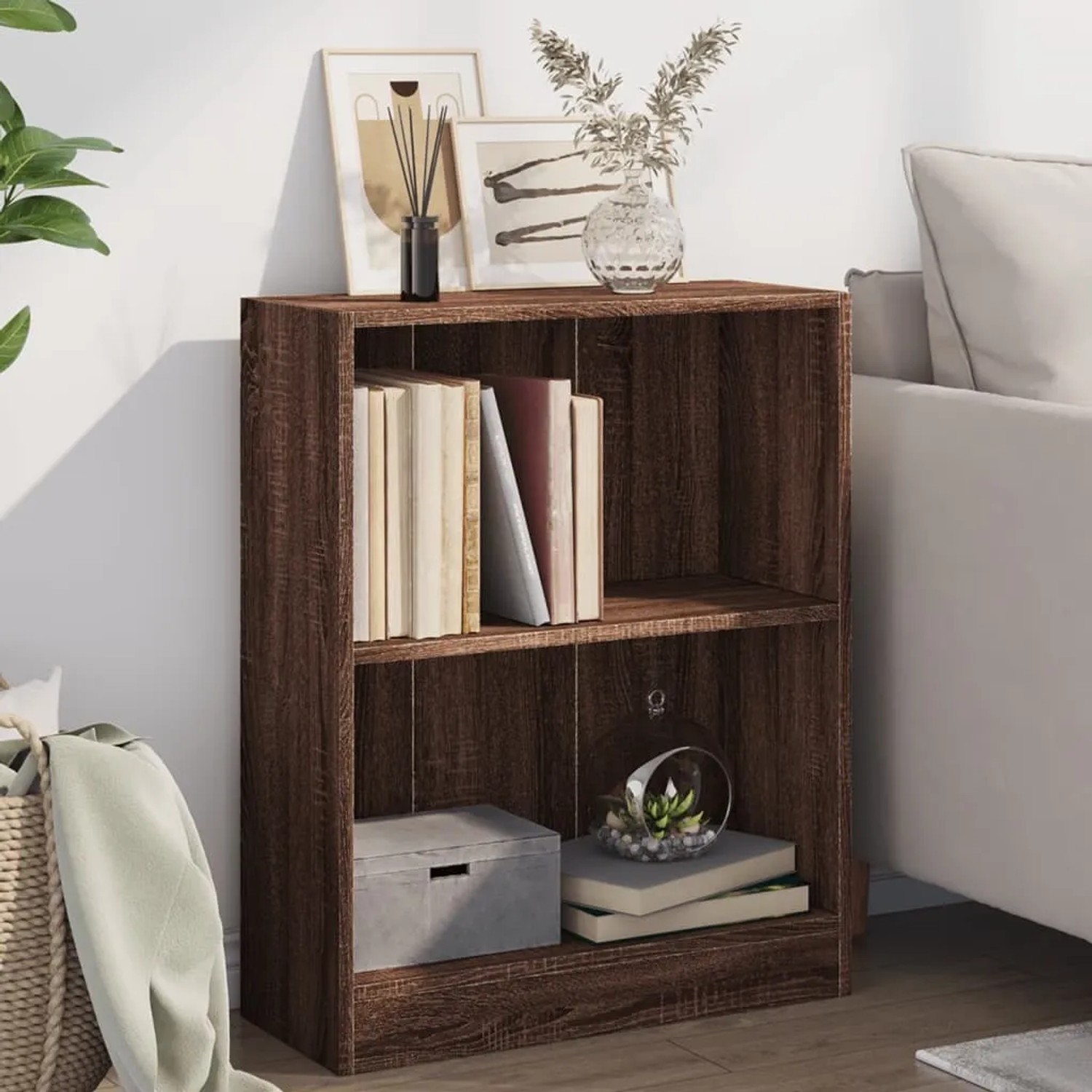 VidaXL Bücherregal in Braun Eichen-Optik, kleines Wandregal mit zwei Fächern.