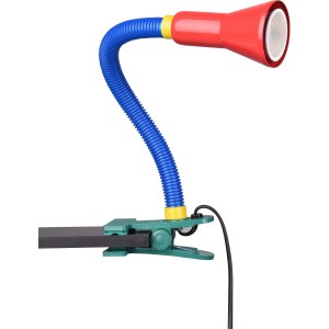 Flexible, mehrfarbige Klemmleuchte Flexo für den Schreibtisch oder Arbeitsbereich.