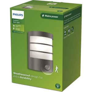 Verpackung der Philips Calgary LED-Außenwandleuchte mit Sensor in Anthrazit.