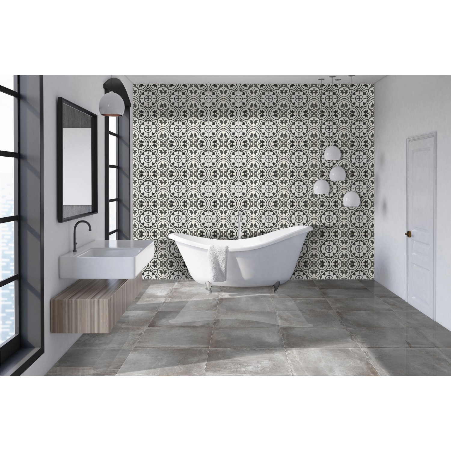 Badezimmer mit grauen Bodenfliesen, Feinsteinzeug, matt, 20x20 cm, kombiniert mit gemusterter Wand.