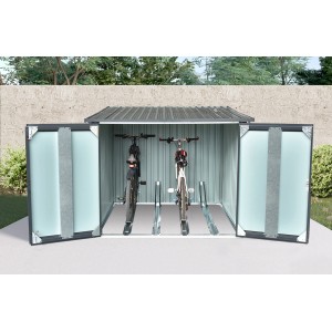 Floraworld Fahrradgarage für 4 Fahrräder, anthrazit, mit geöffneten Türen und zwei Fahrrädern.