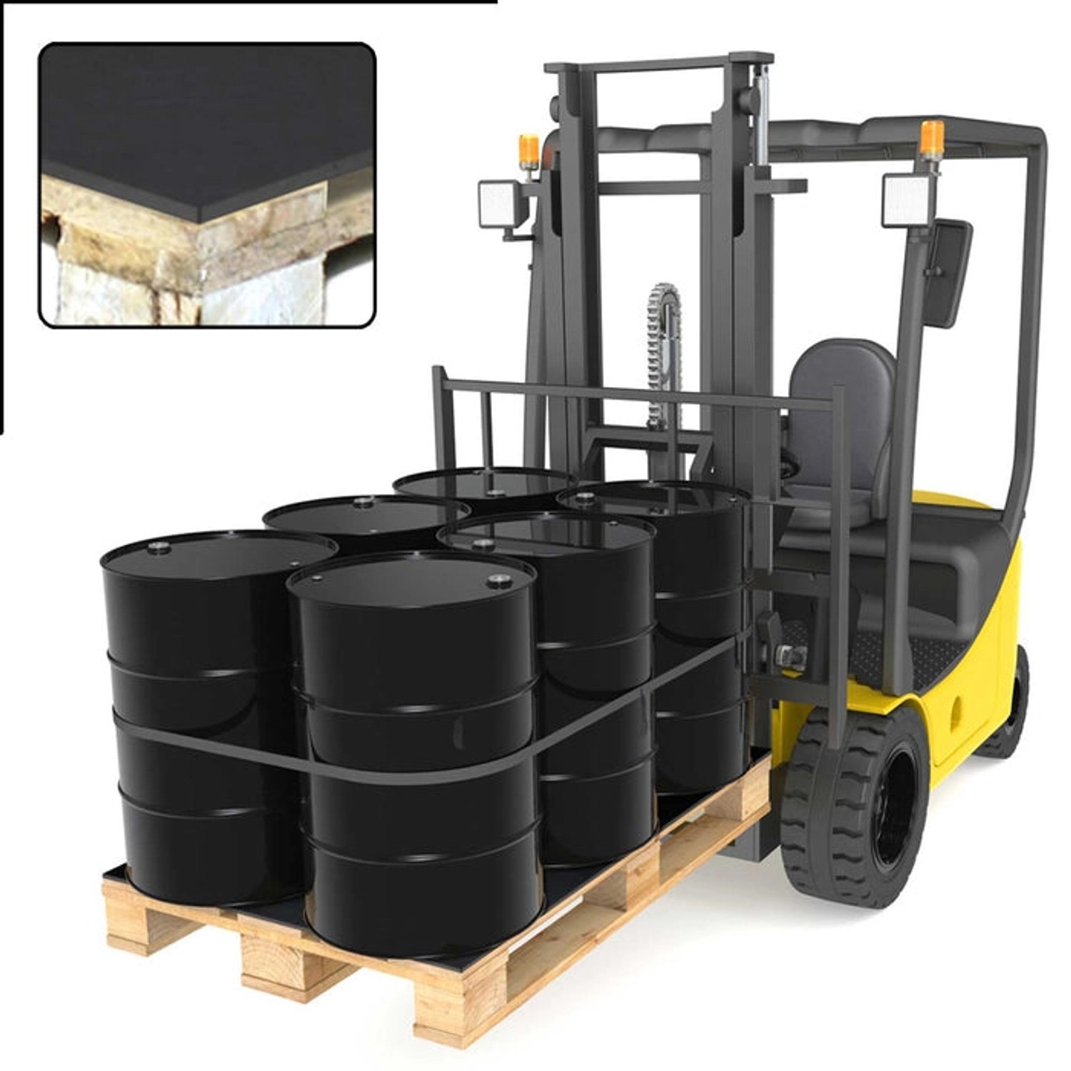 Karat SBR Gummimatte, 4mm, 120x450cm unter Fässern auf Palette, transportiert mit Gabelstapler.