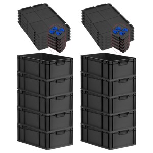 PROREGAL SparSet 10x Eurobox Nextgen Grip Mit Auflagedeckel Und Blauen Verschlüssen HxBxT 22x40x60cm 44 Liter Schwarz Griffe Geschlossen