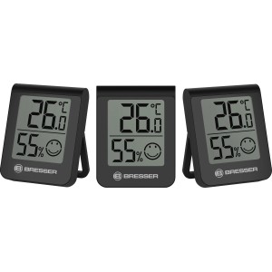 BRESSER Thermo- und Hygrometer 3er-Set, schwarz, zeigt Temperatur und Luftfeuchtigkeit an.