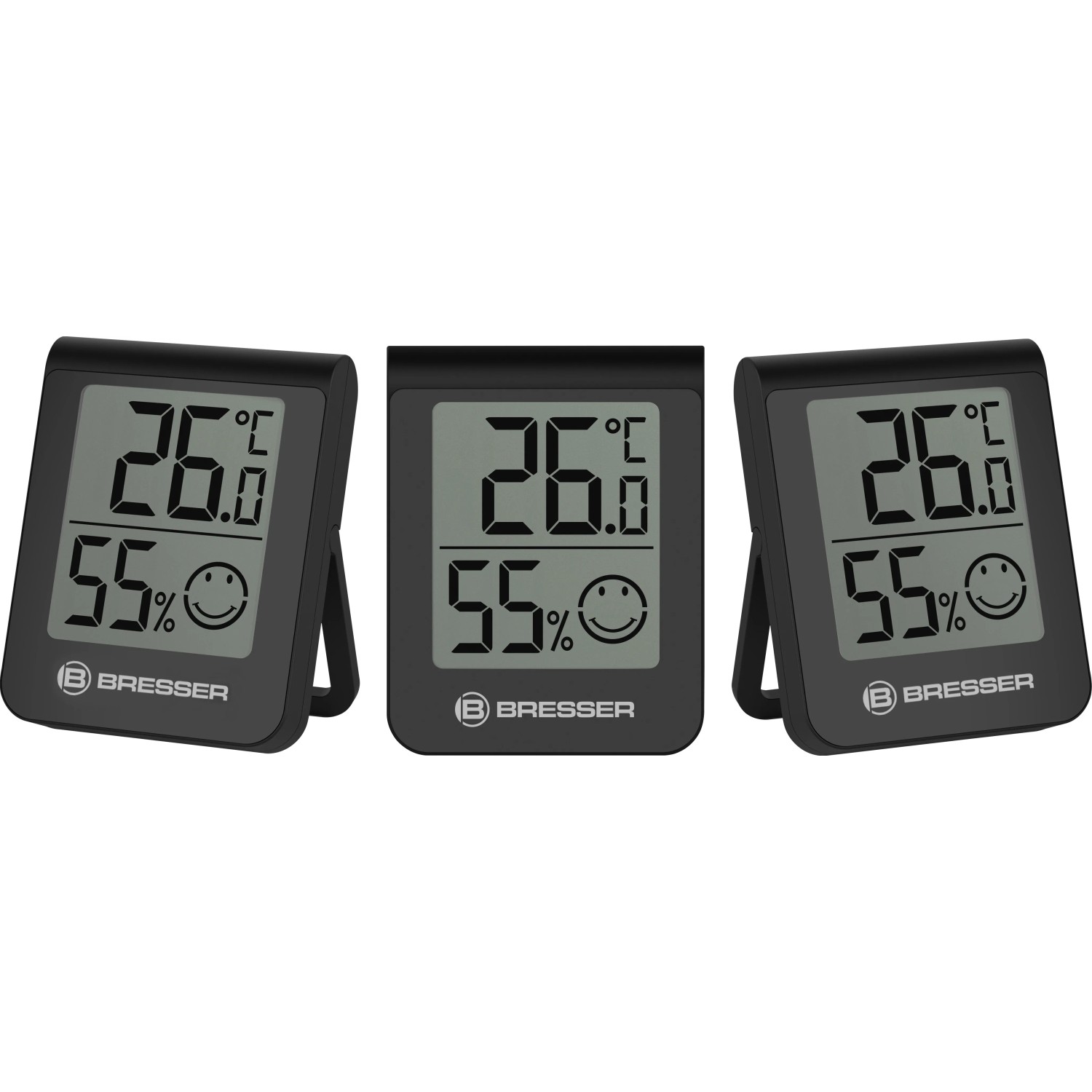 BRESSER Thermo- und Hygrometer 3er-Set, schwarz, zeigt Temperatur und Luftfeuchtigkeit an.