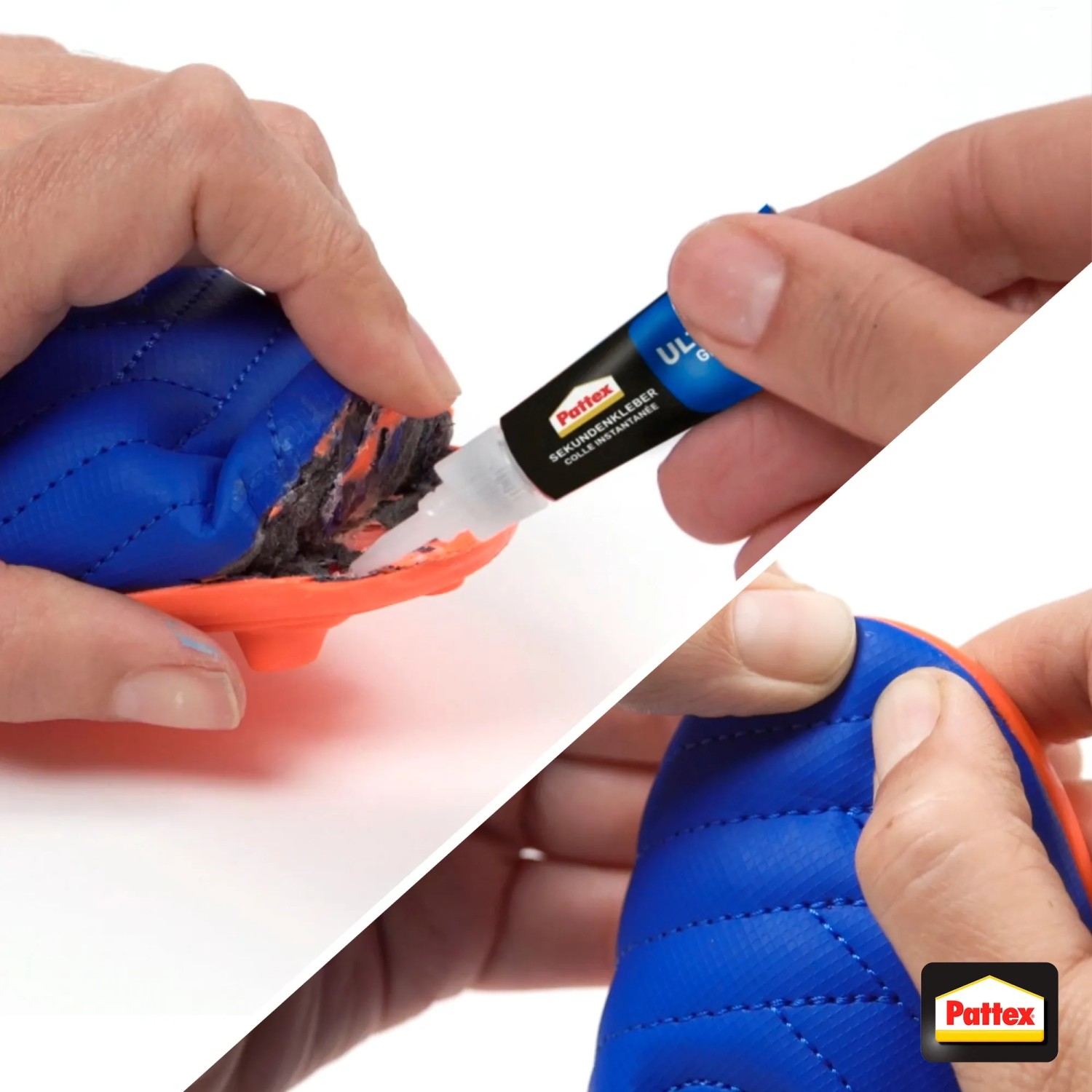 Anwendung von Pattex Sekundenkleber Ultra Gel auf einem Schuh. Flexibler Alleskleber für schnelle Reparaturen.