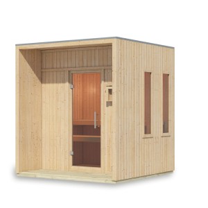 Karibu Saunahaus Almeria, naturbelassen, mit Terrasse und Glastür. Ideal für den Garten.