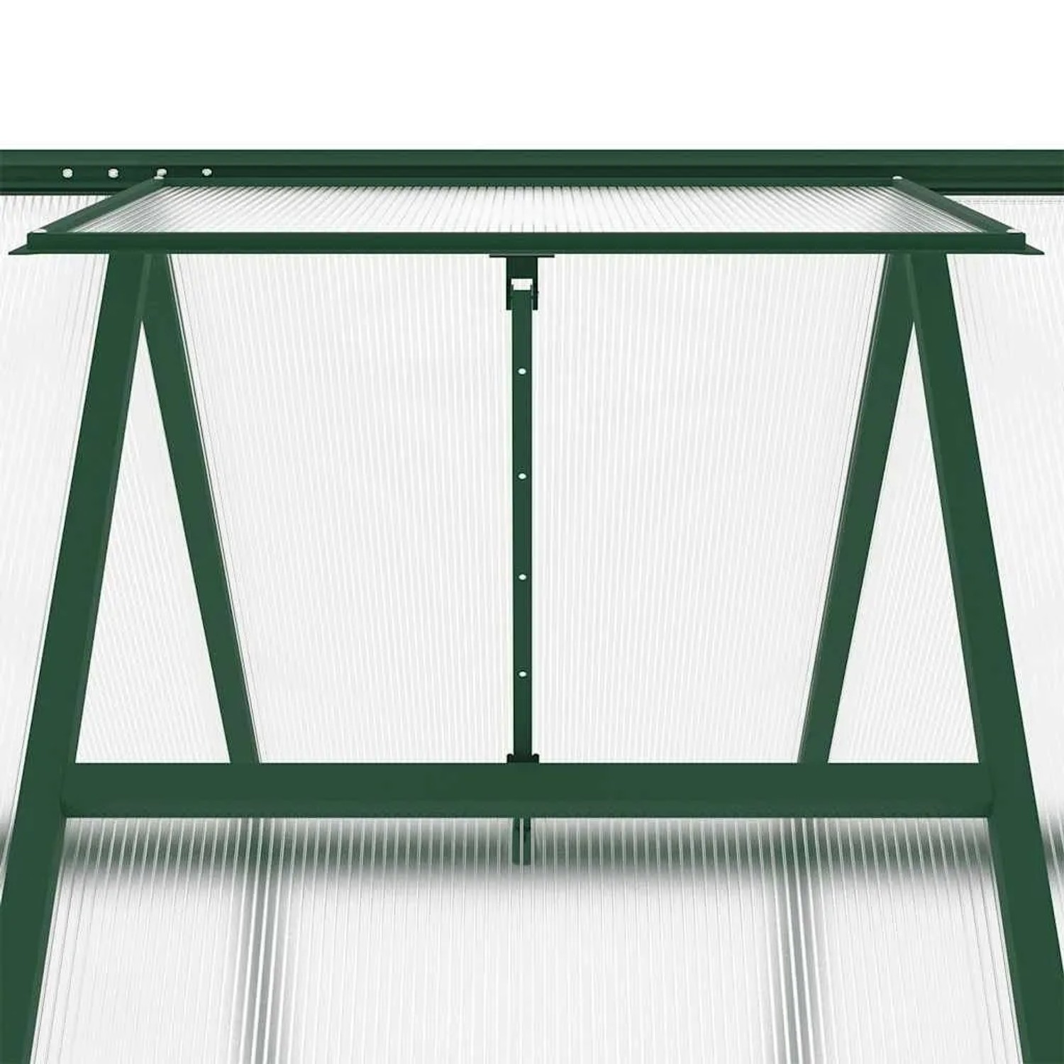 Detailansicht des grünen vidaXL Gewächshauses mit Aluminiumrahmen und Polycarbonatplatten.