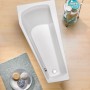 Weiße Bahia Eckbadewanne, 160x75 cm, linke Ausführung. Raumsparwanne für kleine Bäder.