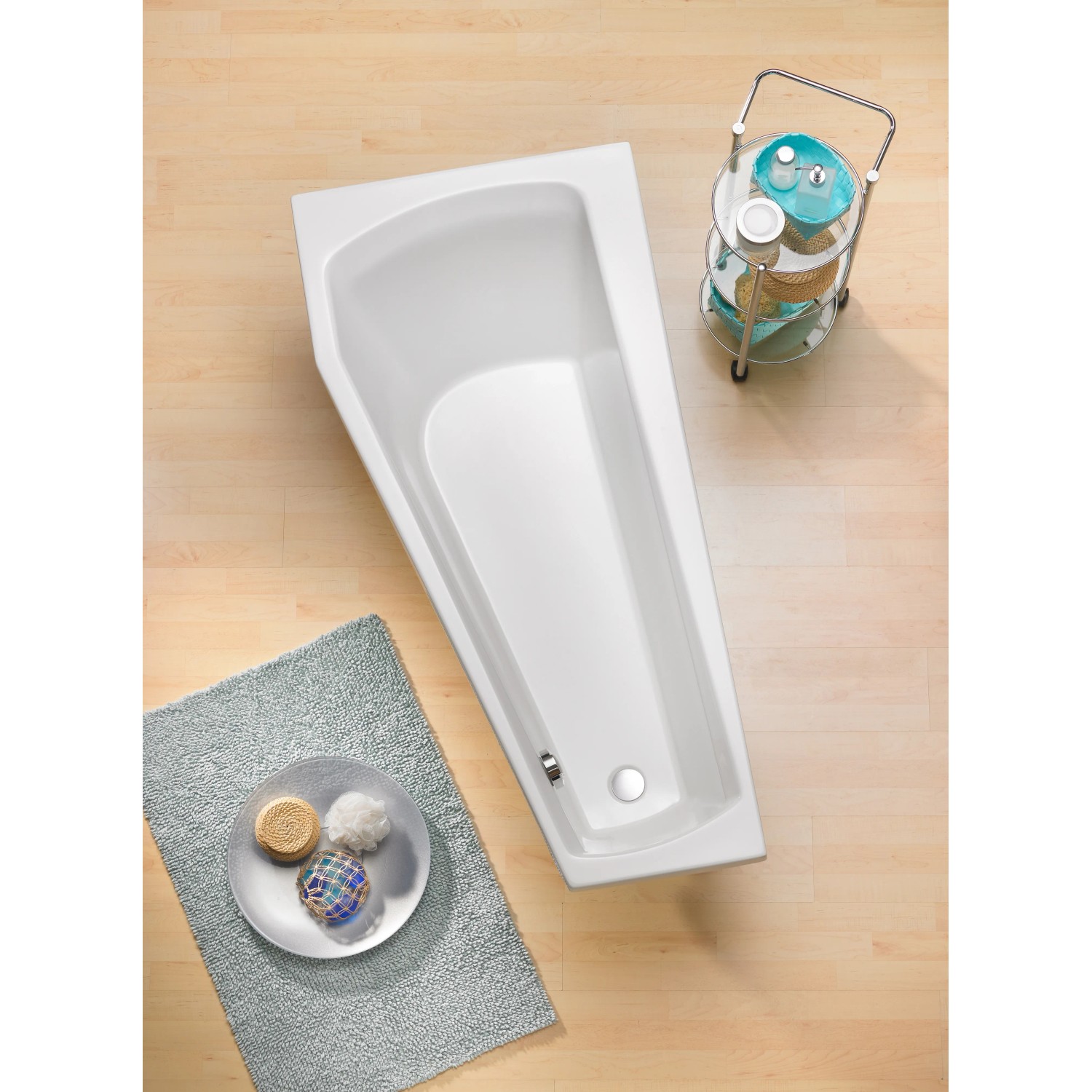 Weiße Bahia Eckbadewanne, 160x75 cm, linke Ausführung. Raumsparwanne für kleine Bäder.