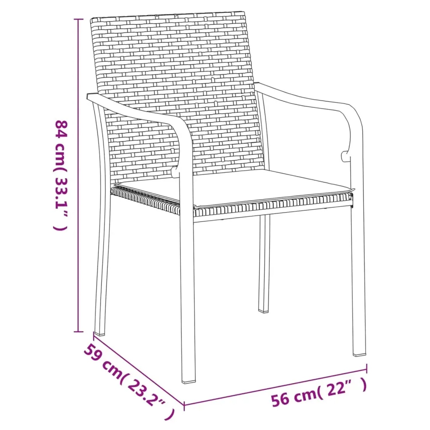 Skizze eines braunen Gartenstuhls aus Rattan und Stahl mit Armlehnen und Maßangaben.