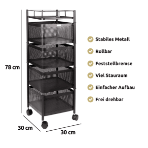 Schwarzer, schwenkbarer deluxe4home Rollwagen mit 4 Ebenen (30x30x78 cm) für Bad oder Küche.