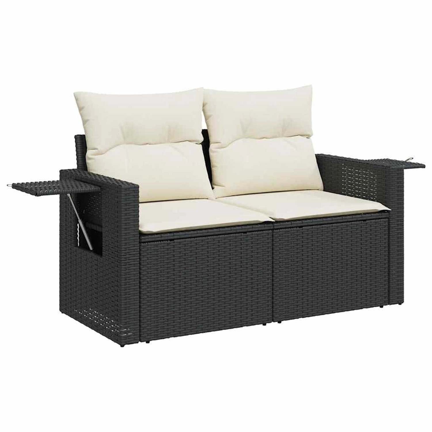 Schwarze 2-Sitzer Garten-Sofagarnitur aus Rattan mit cremefarbenen Kissen und ausklappbarem Tisch.