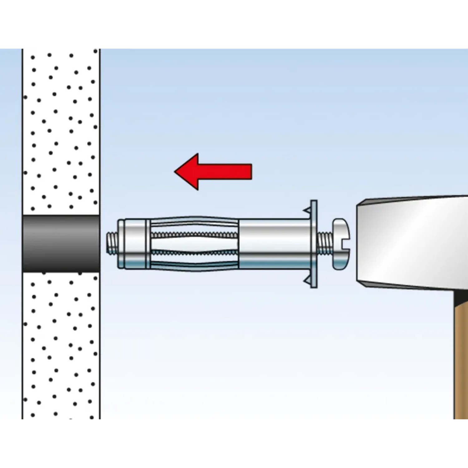 Illustration: Fischer HM Dübel Montage mit Hammer in Gipskartonwand. Hohlraumdübel Set, 20 Stück.