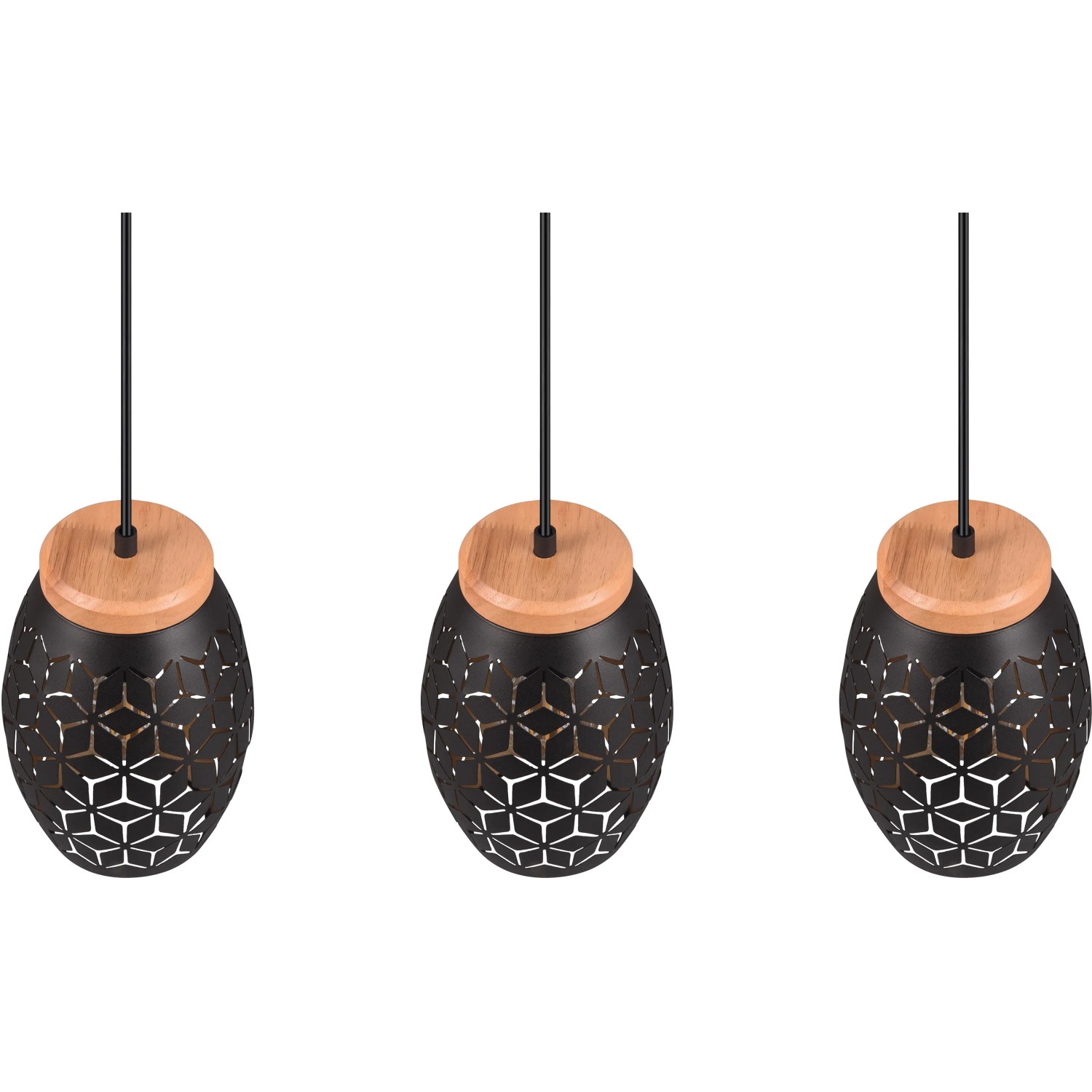 Reality Pendelleuchte Bidar, 3-flammig, schwarz-gold, mit Holzdetails.