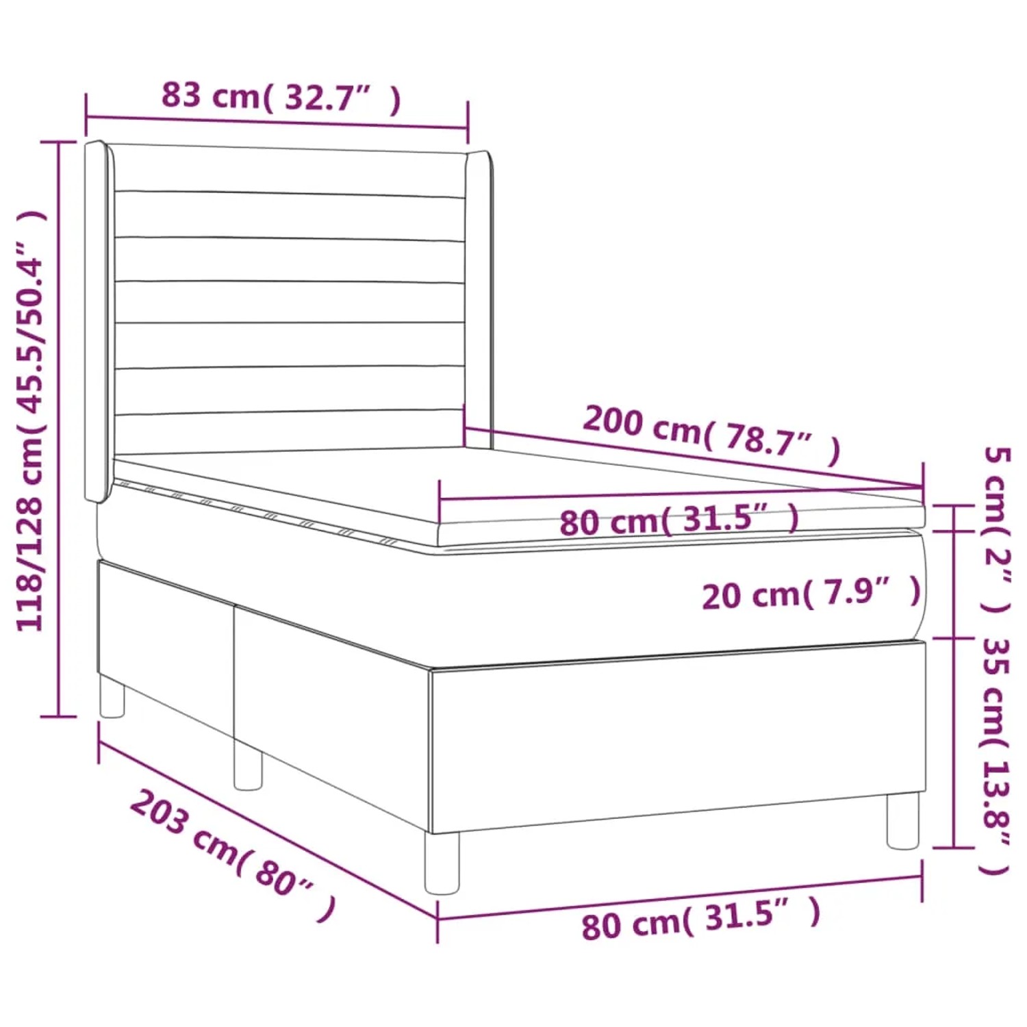 vidaXL Boxspringbett dunkelblau 80x200cm mit Matratze und Topper, seitliche Ansicht mit Maßangaben.