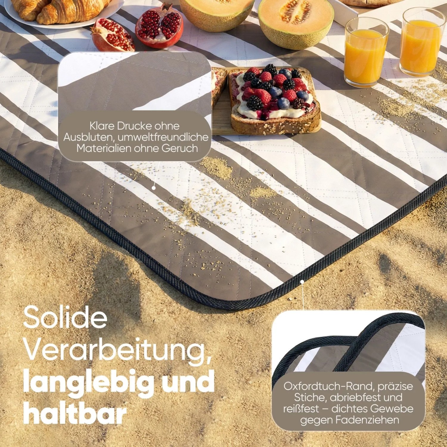 Sekey Picknickdecke 200x200 cm, braun gestreift, wasserdicht, ideal für Camping und Strand.