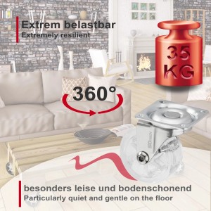 SOTECH Möbelrolle RAPID, transparent, Ø50mm, 35kg belastbar, 360° drehbar. Robust, leise & bodenschonend.
