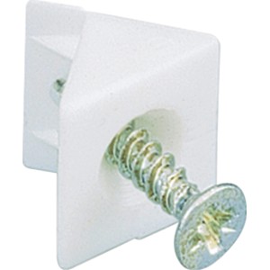 Weißer Hettich Rückwandstabilisator (15 mm) mit Schraube für Möbelausstattung.