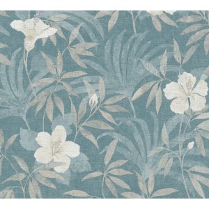 Vliestapete mit Blumen- und Dschungelmotiv in Beige und Blau. Dekorative Tapete mit leichter Struktur.