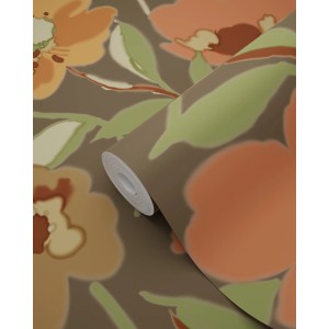 ESTAhome Vliestapete mit Blumenmuster in Orange, Graugrün und Braun. Rolle der Dekortapete.