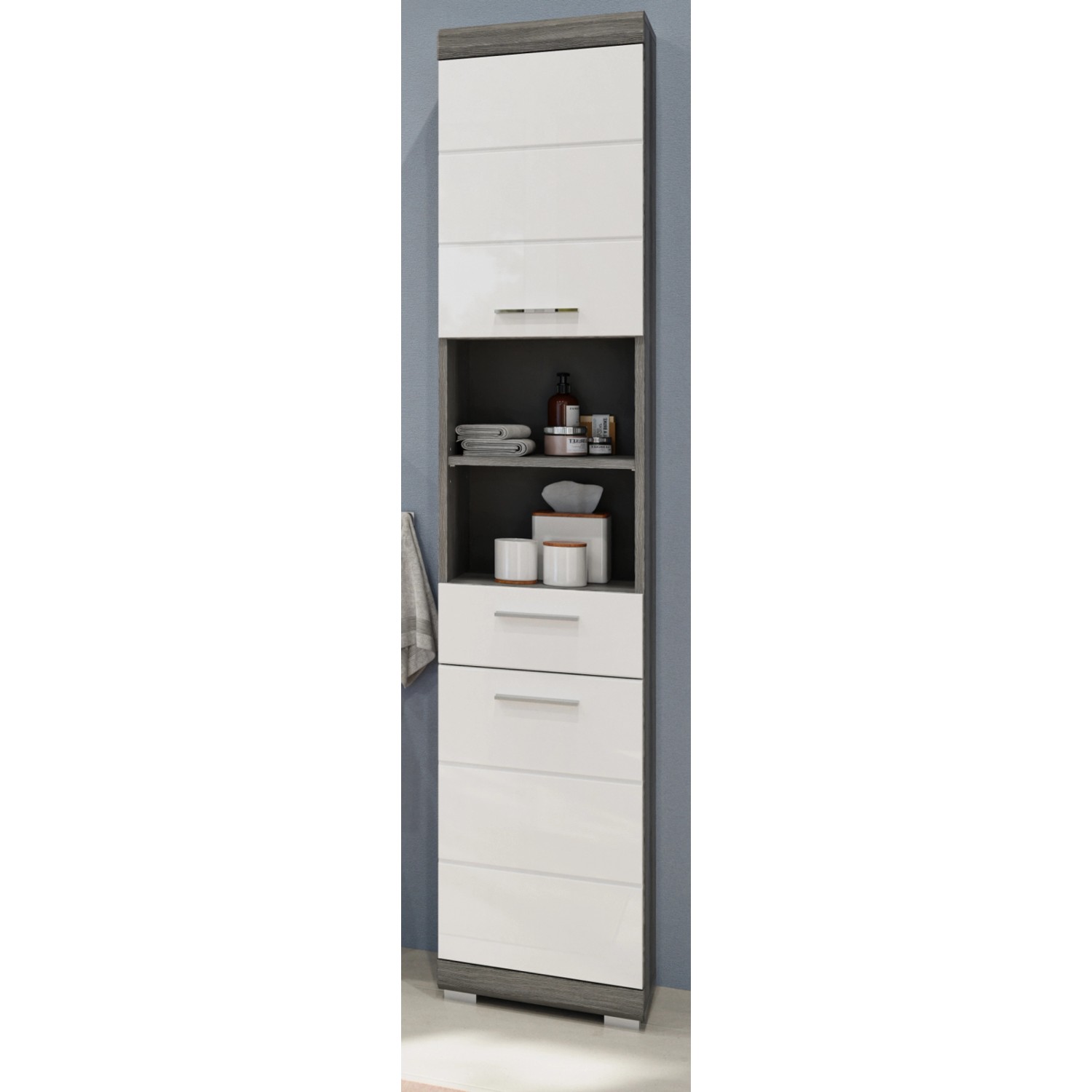 Inn.Furn Hochschrank Weiß Hochglanz Grau 37 cm 6 Fächer Shawn günstig online kaufen
