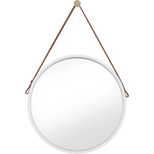 Runder, weißer Wandspiegel (Ø 50 cm) mit Lederband und Holzhaken zur Aufhängung.