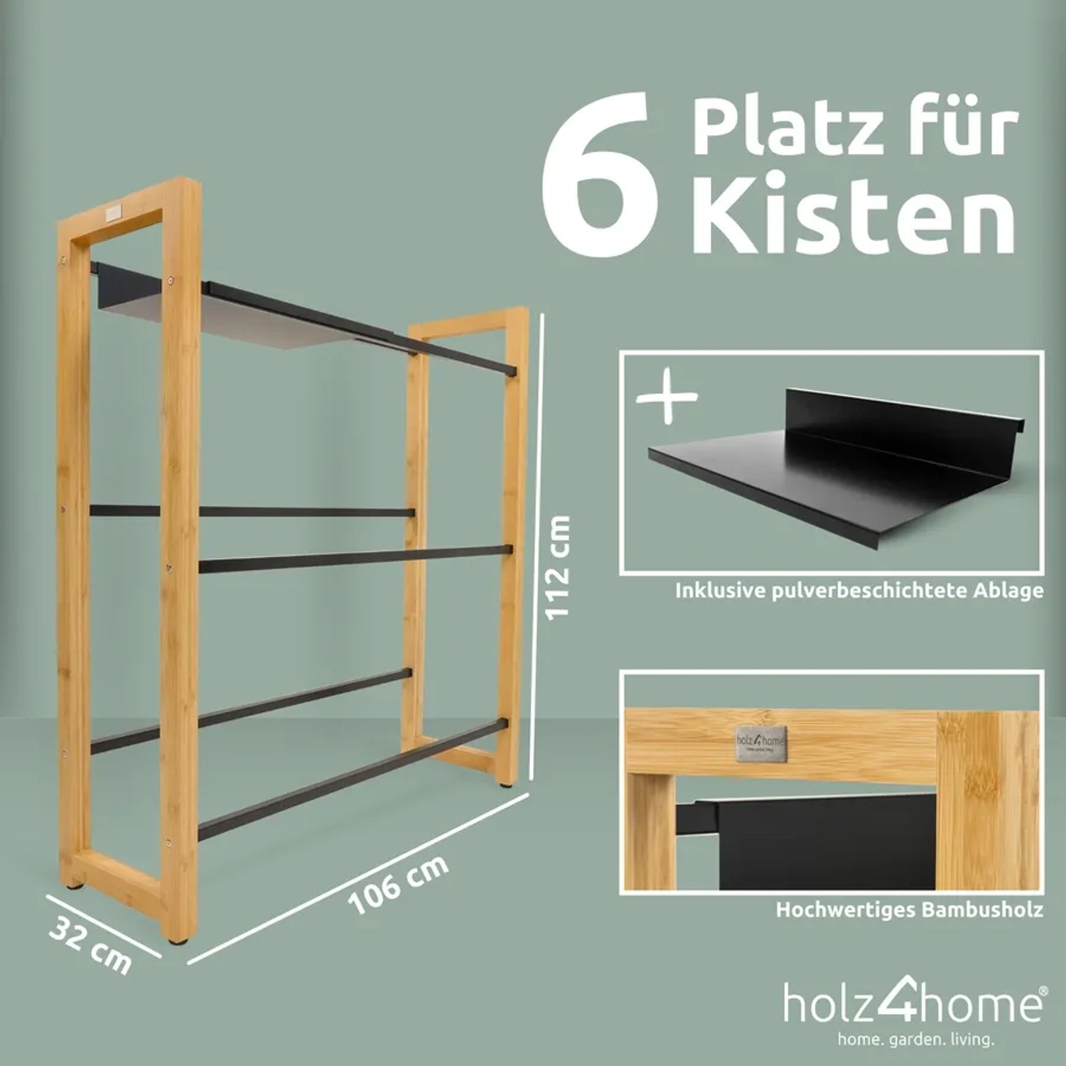 Holzfarbenes Getränkekistenregal mit 6 Fächern, schwarzer Ablage von holz4home.