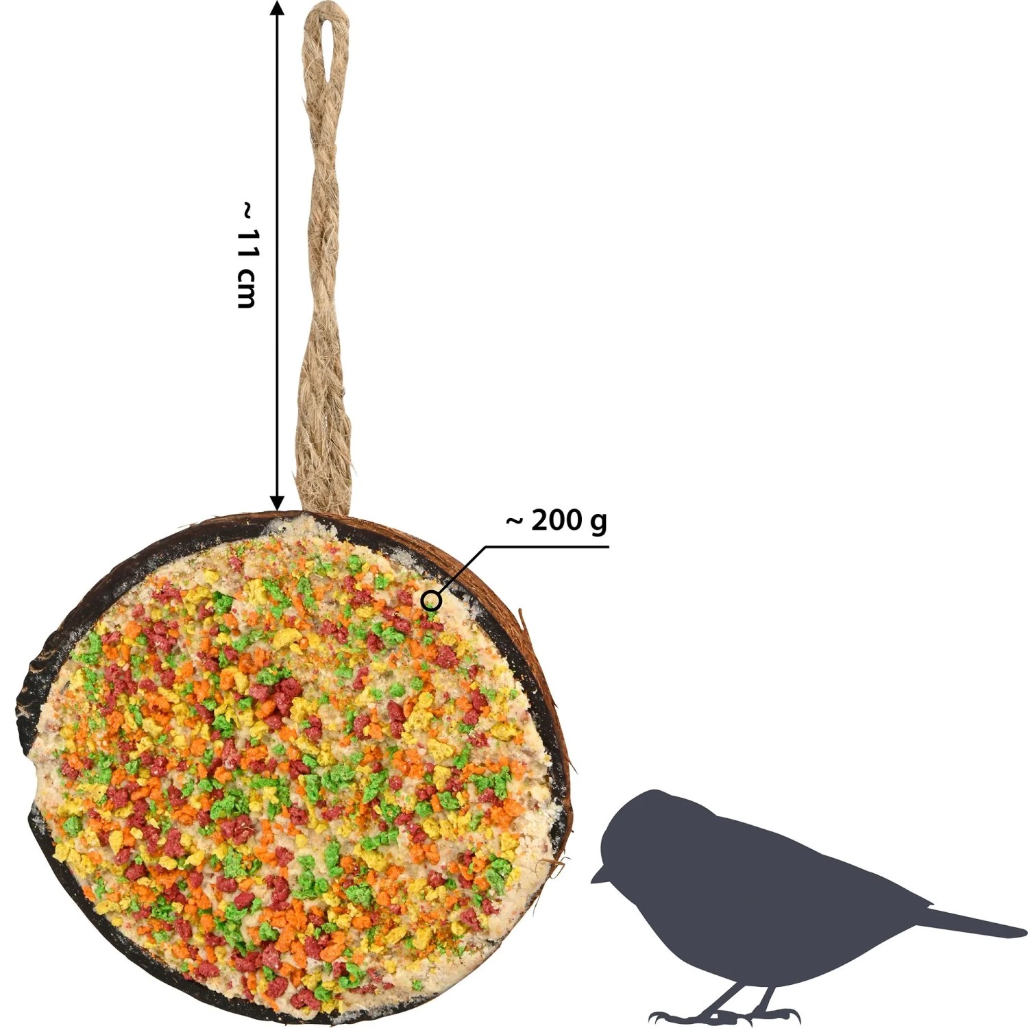 Dobar Vogel-Ergänzungsfutter: Gefüllte Kokosnusshälfte mit buntem Vitaminfutter und Kordel zum Aufhängen, ca. 200g.