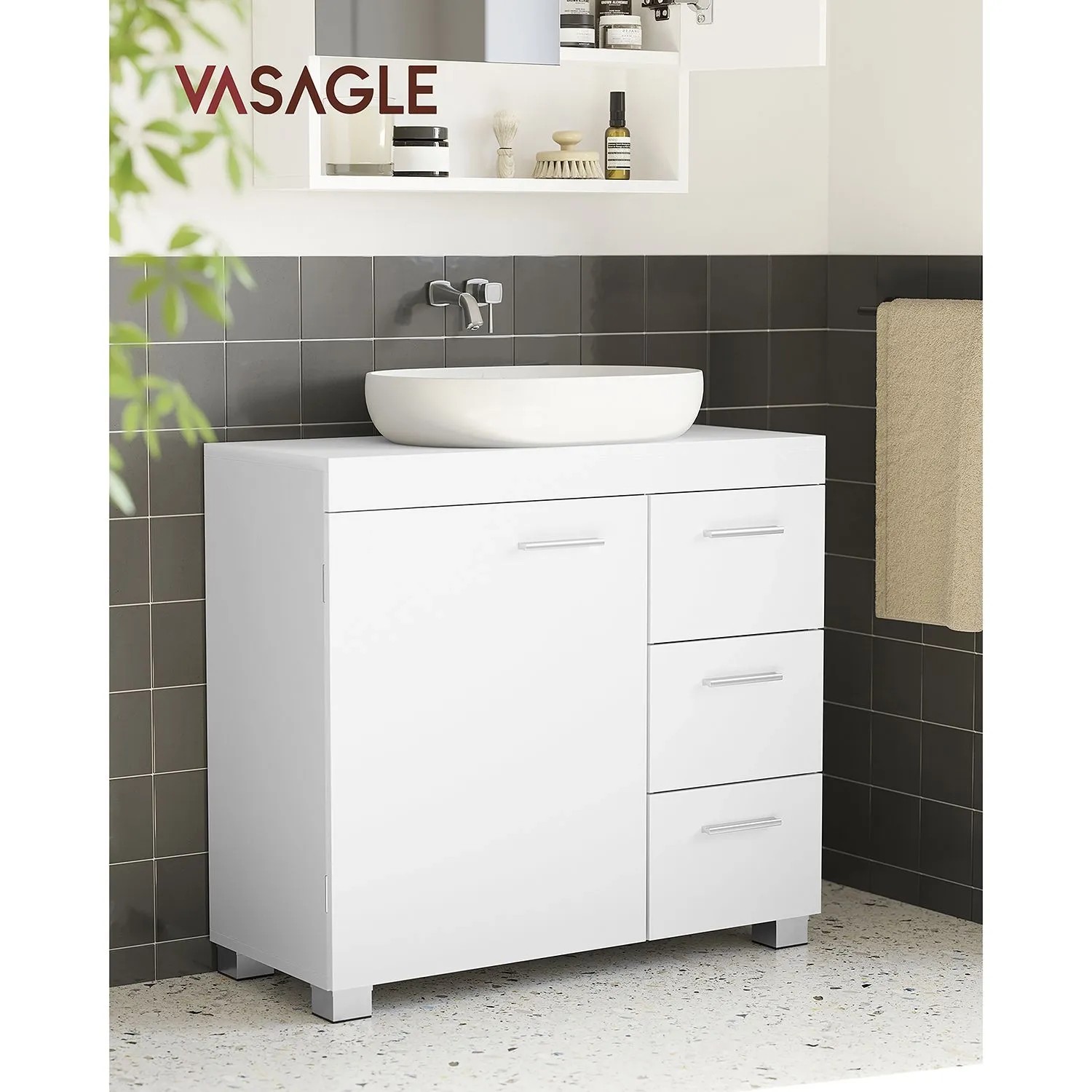 Weißer Vasagle Waschbeckenunterschrank (30x70x64 cm) mit Tür und 3 Schubladen.