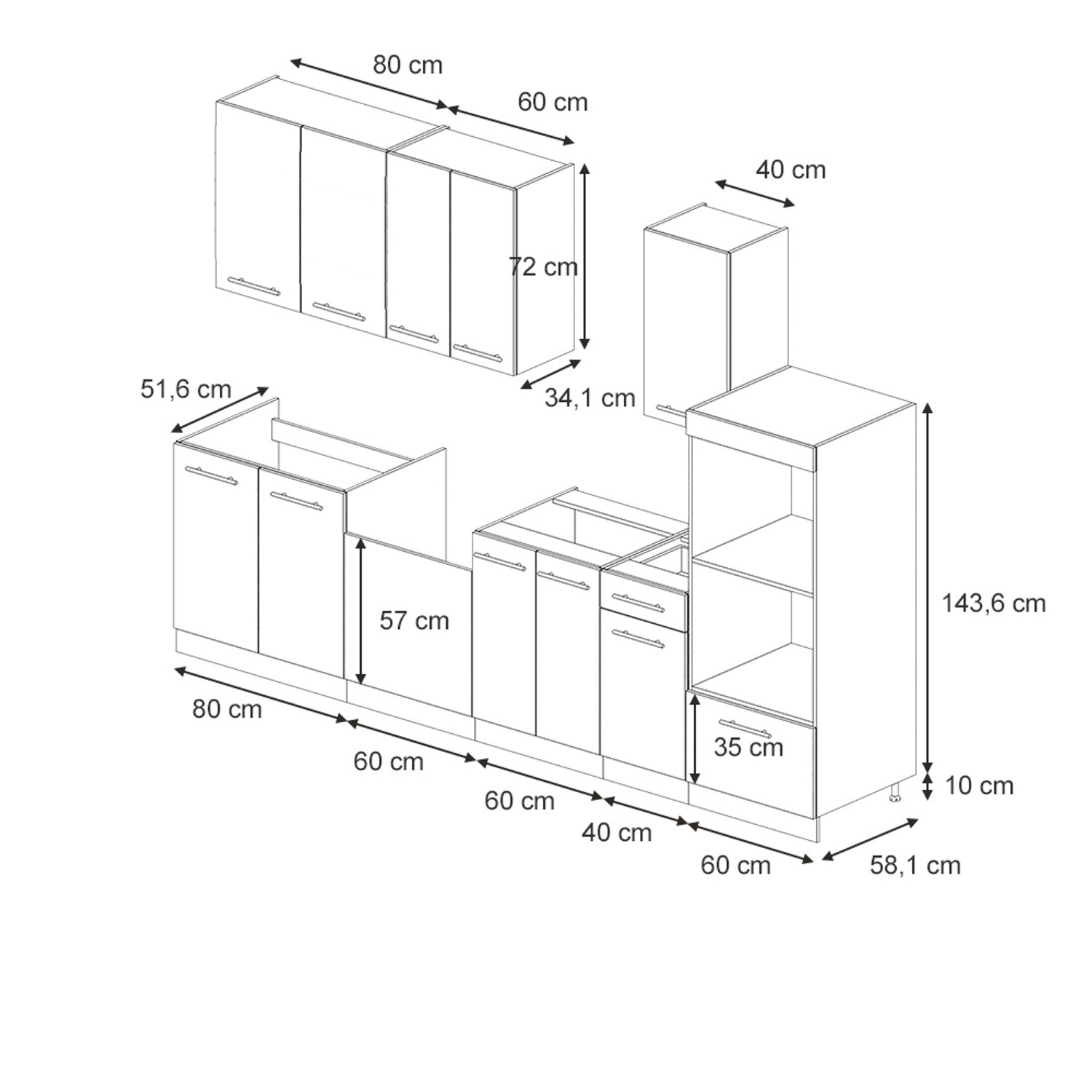 Skizze der Fame-Line Küchenzeile in GrauBeige/Goldkraft Eiche, 300 cm breit, mit Maßen.