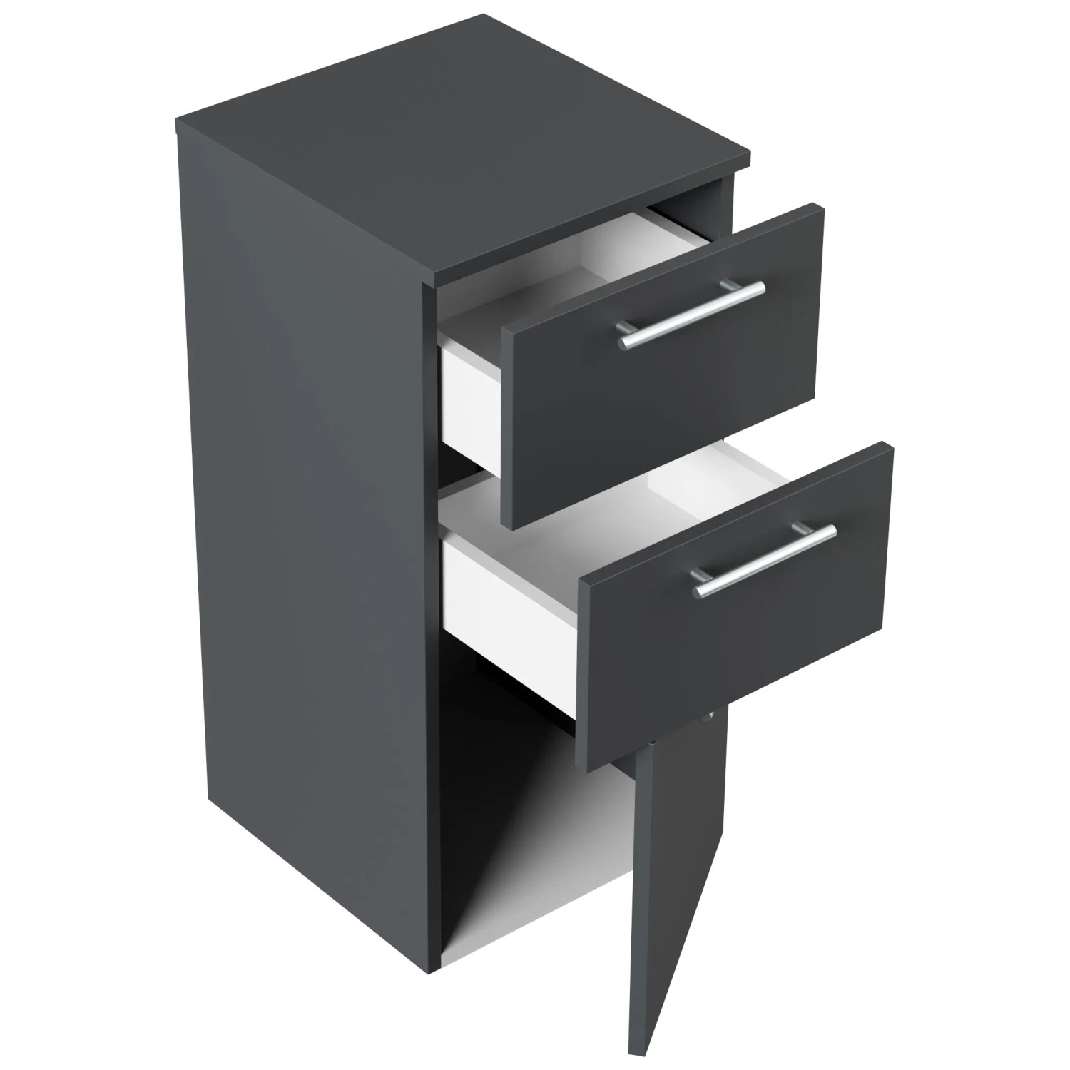 Posseik Midischrank 75 cm in Grafit mit zwei Schubladen und einer Tür geöffnet.