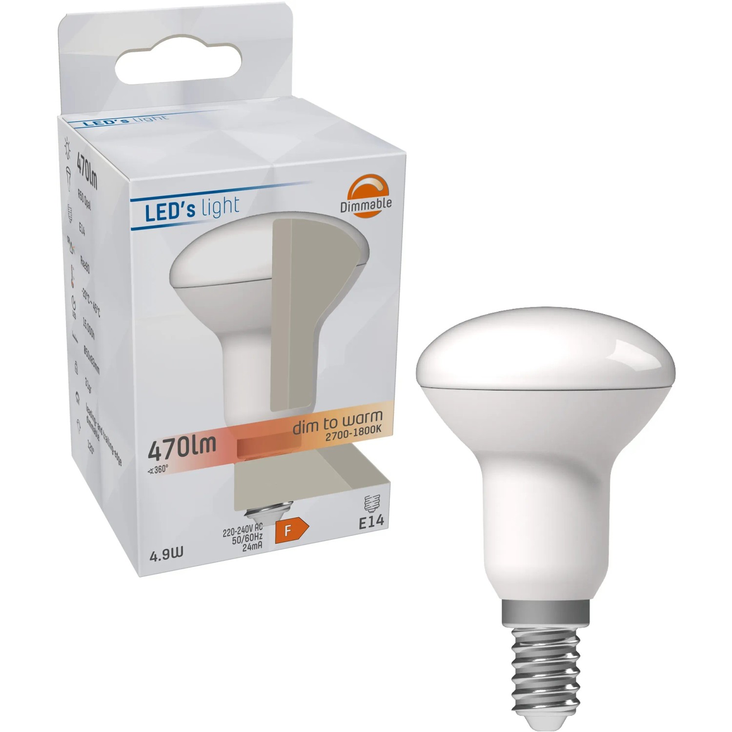 E14 LED-Leuchtmittel Pilzkopf R50, 4,9W, dimmbar. Weißes Leuchtmittel mit E14-Sockel und Verpackung.