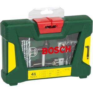 Bosch V-Line 41-teiliges Bohrer- und Bit-Set im grünen Koffer mit transparentem Deckel.