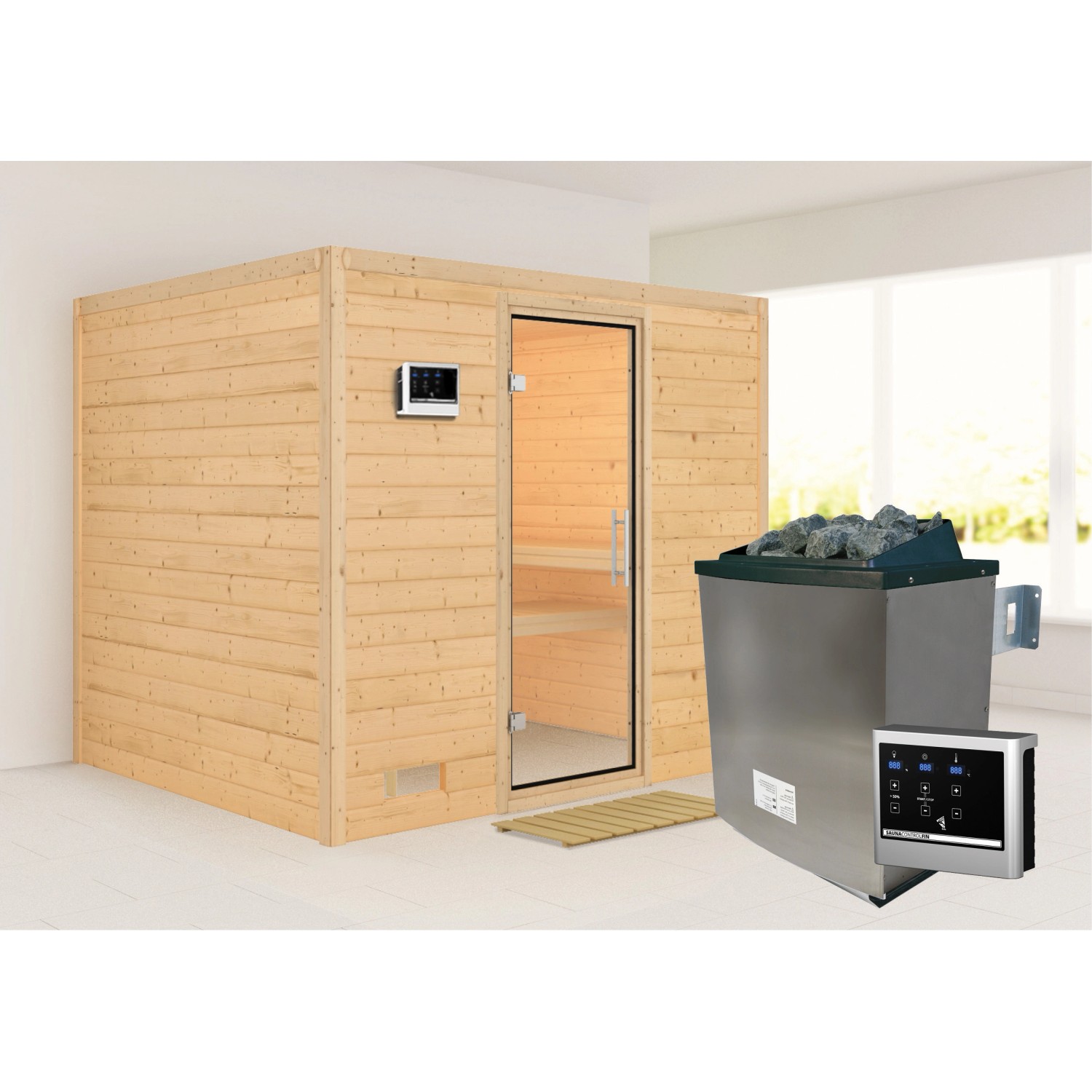 Karibu Sauna Sarina mit Ofen externe Stg.Easy Natur