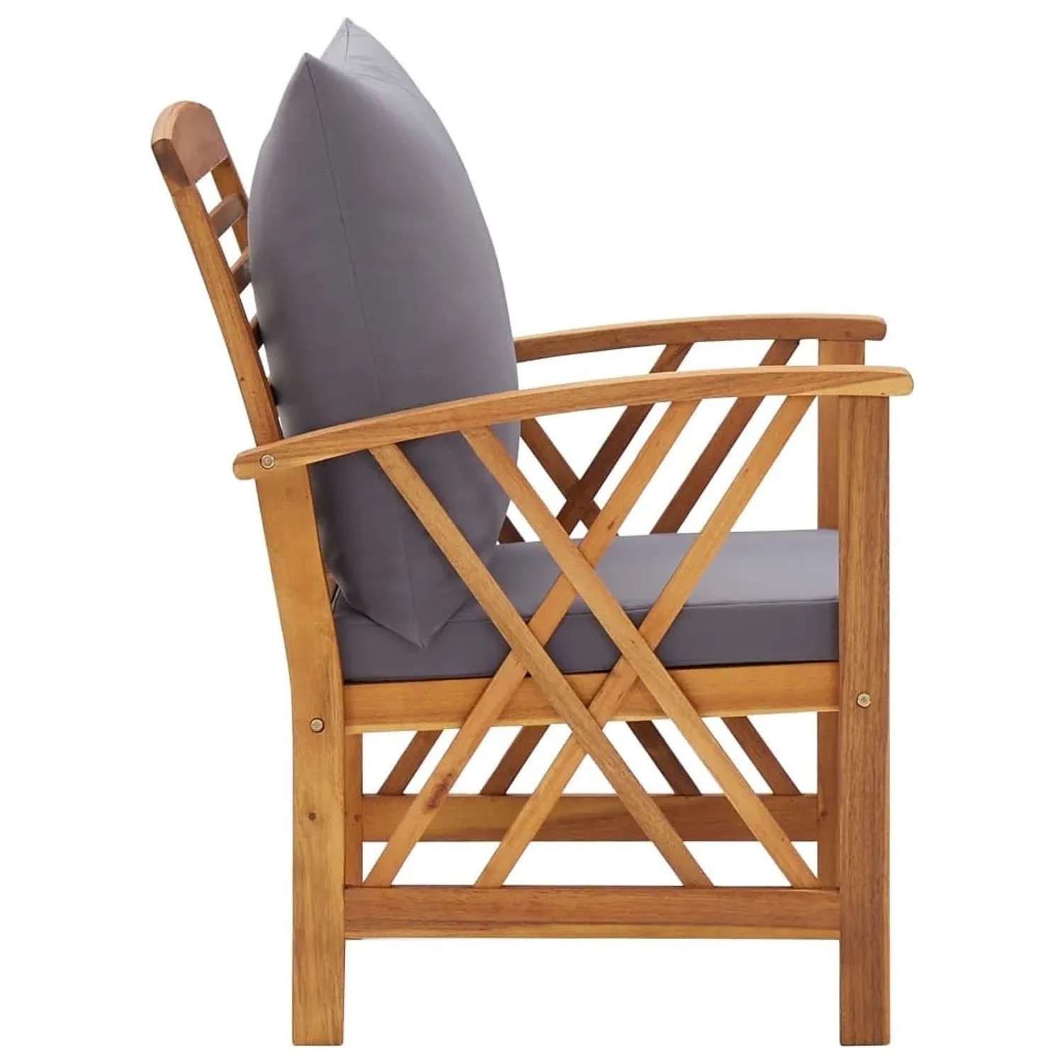 Gartenstuhl aus Akazienholz mit grauen Kissen, 2er Set. Ideal für Terrasse und Garten.