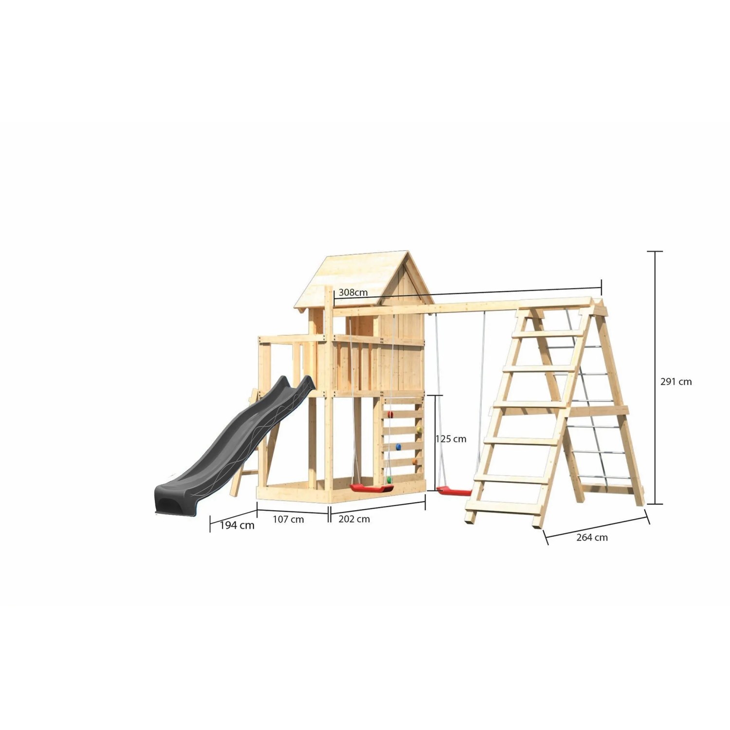 Karibu Spielhaus Frieda mit Rutsche, Schaukel, Kletterwand und Gerüst aus Holz.