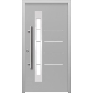 Graue Splendoor Sicherheits-Haustür Berlin Prime RC2 mit Edelstahlgriff und Glaseinsatz.