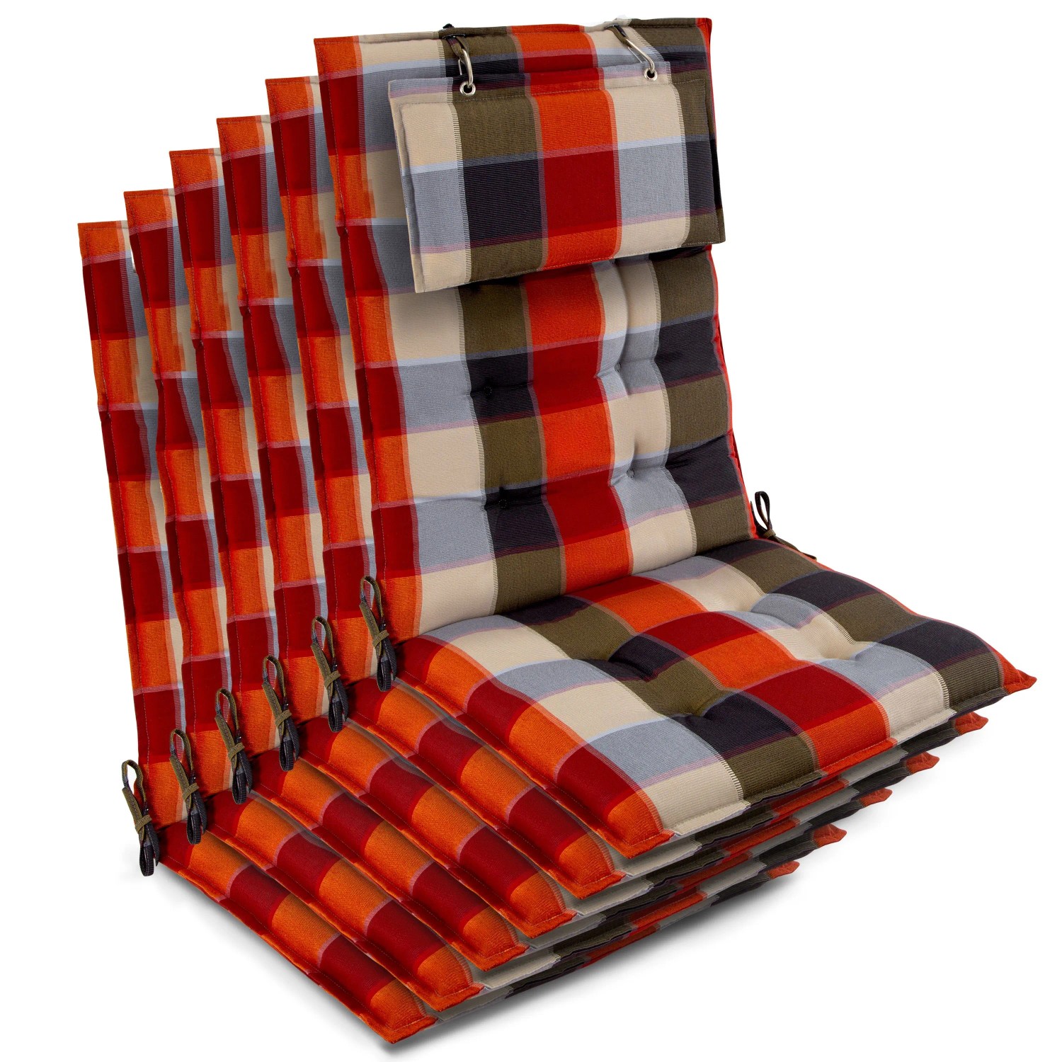 Beautissu 6er Set Sun-HL Hochlehner Auflage 120x50x8cm Orange-Beige-Kariert