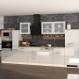 Moderne, weiße Hochglanz Küchenzeile Mailand 370 cm mit E-Geräten und Arbeitsplatte in Eiche Dekor.
