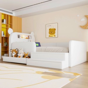 Weißes Kinderbett 90x200cm mit Bärenkopf-Kopfteil, integriertem Nachtlicht, USB-Anschluss und Stauraum.