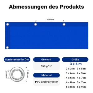 Wiltec Abdeckplane Wetterfest Blau 3X4M Polyester Gartenplane 650G/M² Ösen Plane