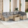 Beiges 9-teiliges vidaXL Garten-Sofa-Set aus Poly Rattan mit Kissen und Stauraum.