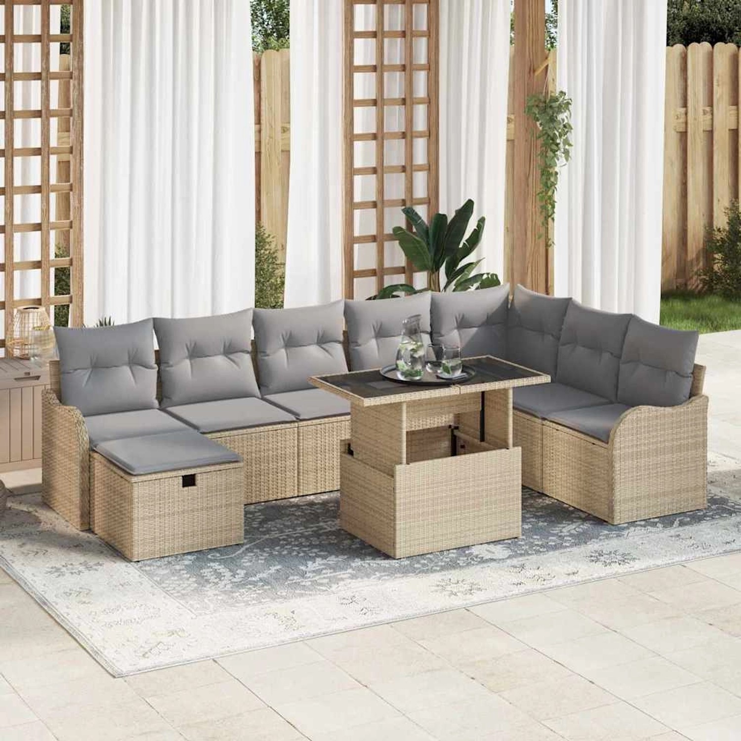 Beiges 9-teiliges vidaXL Garten-Sofa-Set aus Poly Rattan mit Kissen und Stauraum.