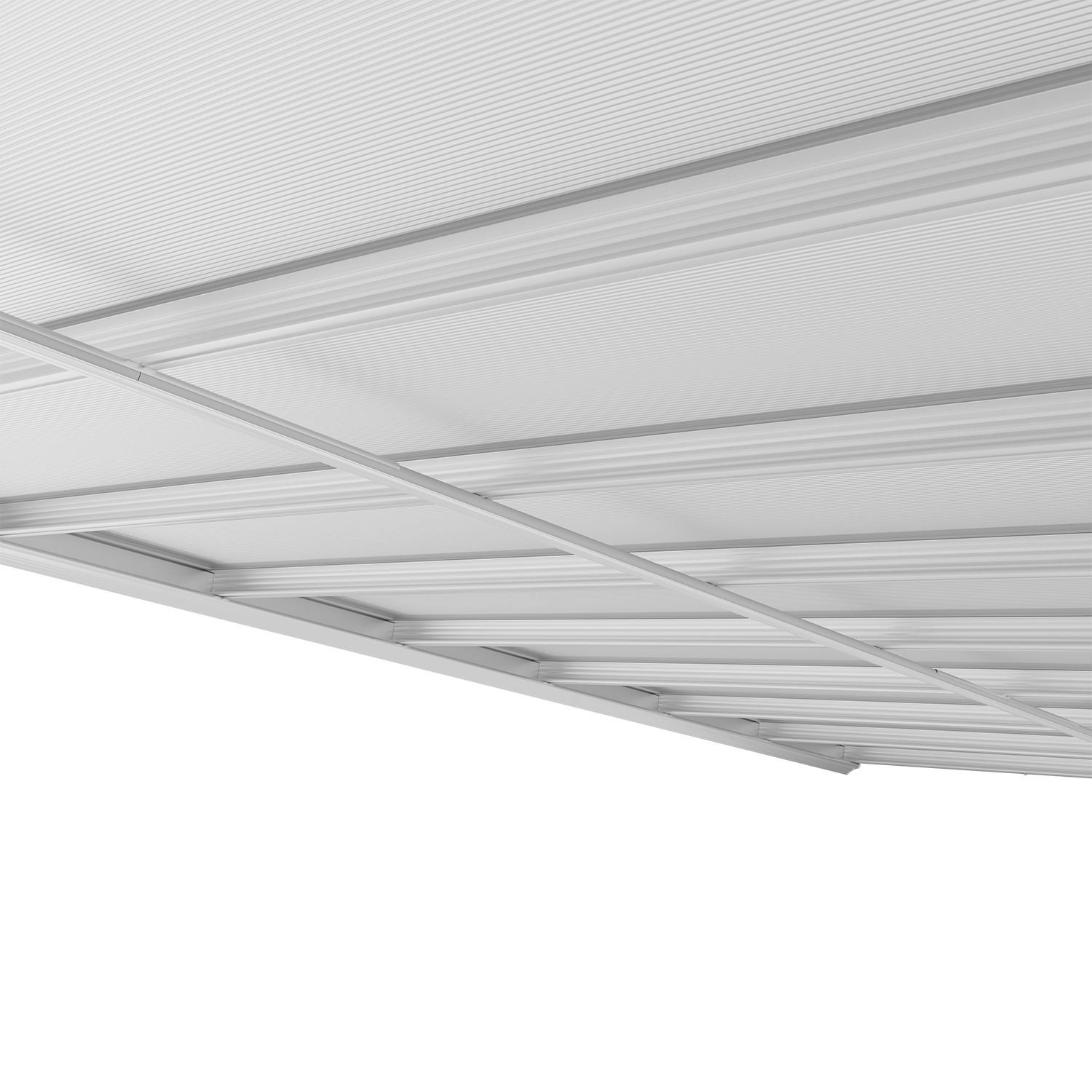 Detailansicht des weißen Juskys Terrassendachs Borneo 6x3m mit transparenten Doppelstegplatten.