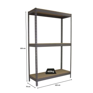 Graues PROREGAL Schwerlastregal Mid Wood Yeti, 150x120x75 cm, Fachlast 400 kg, für Werkstatt und Garage.