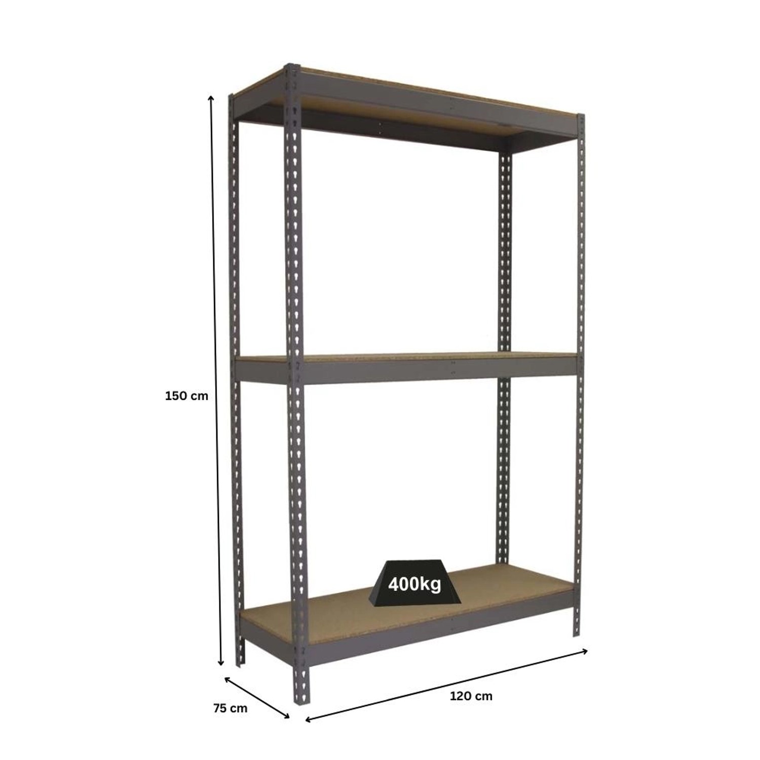 Graues PROREGAL Schwerlastregal Mid Wood Yeti, 150x120x75 cm, Fachlast 400 kg, für Werkstatt und Garage.