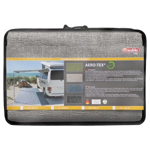 Verpackter, grauer Primaflor Vorzeltteppich Aerotex 250x500cm. Campingteppich für Outdoor.