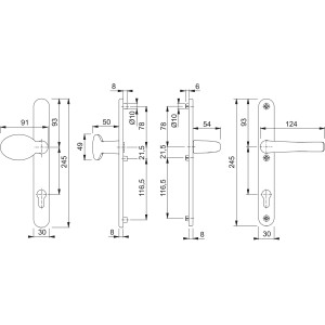 Technische Zeichnung: Hoppe Profiltür-Wechsel-Garnitur Tokyo, Maße und Details für Montage.