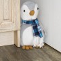 Grauer Pinguin Türstopper aus Polyester mit blauem Schal auf Holzboden. Hält Türen offen.